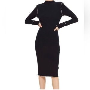 Top Shop Slim Long Sleeve Navy Blue Knit Dress with White Lettuce Edge Size 6